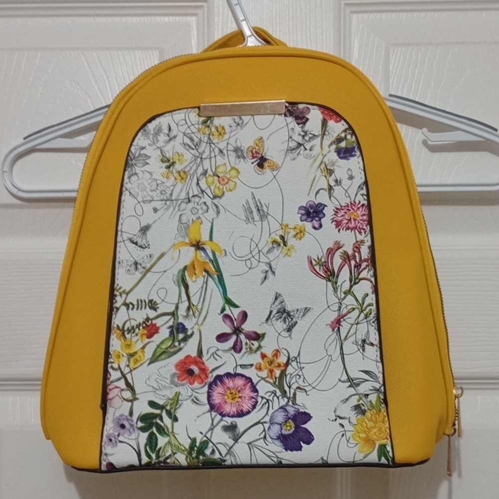 Luxie Collection Floral Backpack Yellow Trim Birds & Flowers Print